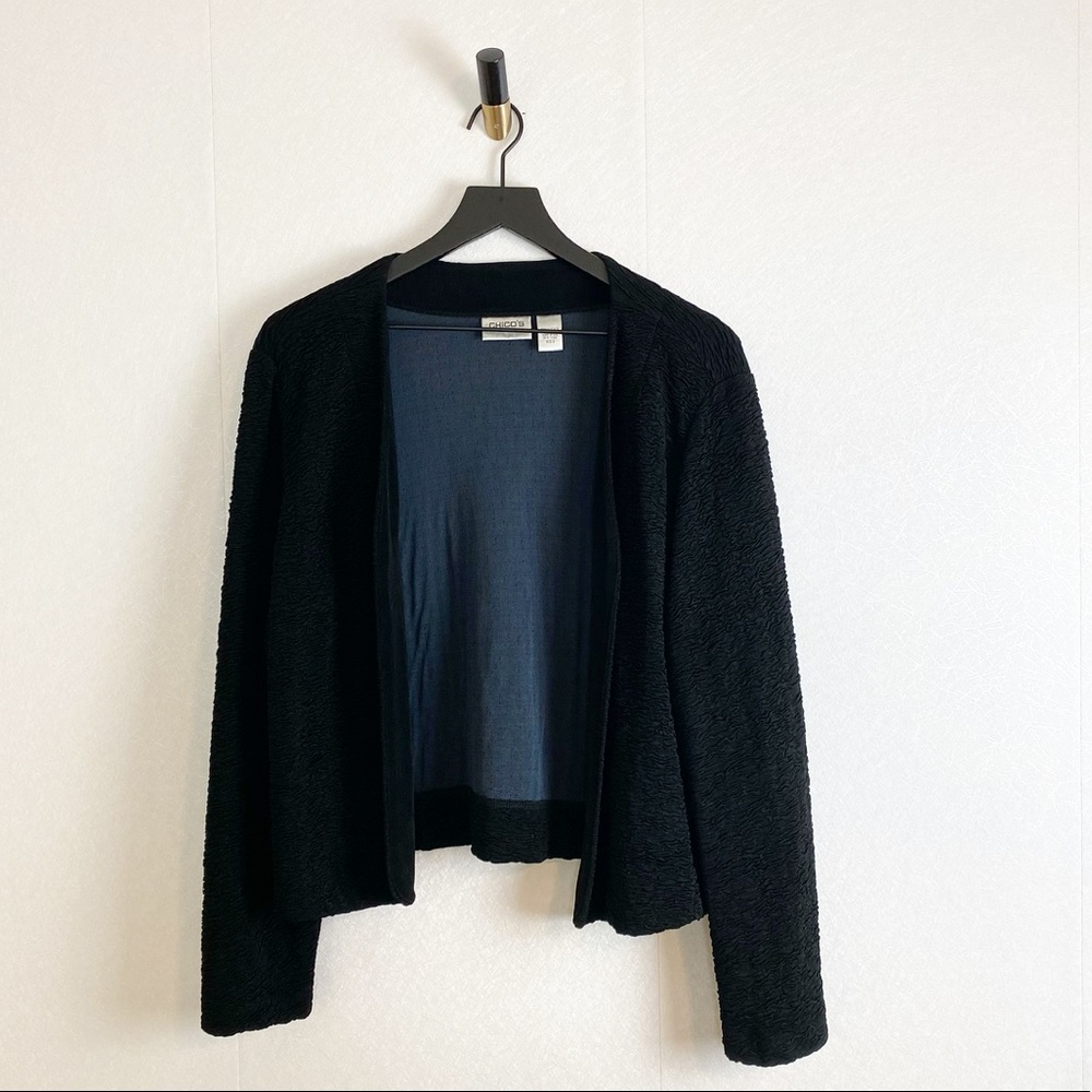 Chicos Travelers 3 Textured Wave Cardigan Black Ruffle Open Jacket XL Blazer